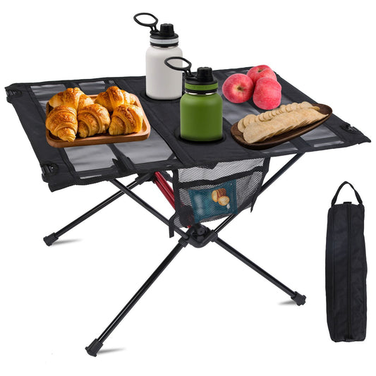 Portable Folding Camping Table Foldable Beach Table Aluminum Alloy Frame with 2 Cup Holders 2 Side Pockets Carry Bag for Picnic Camping Hiking Beach BBQ